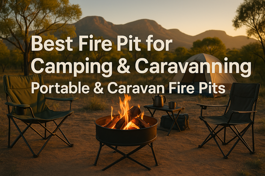 Portable caravan fire pit near campsite with caravan and tent at sunset in Australia
