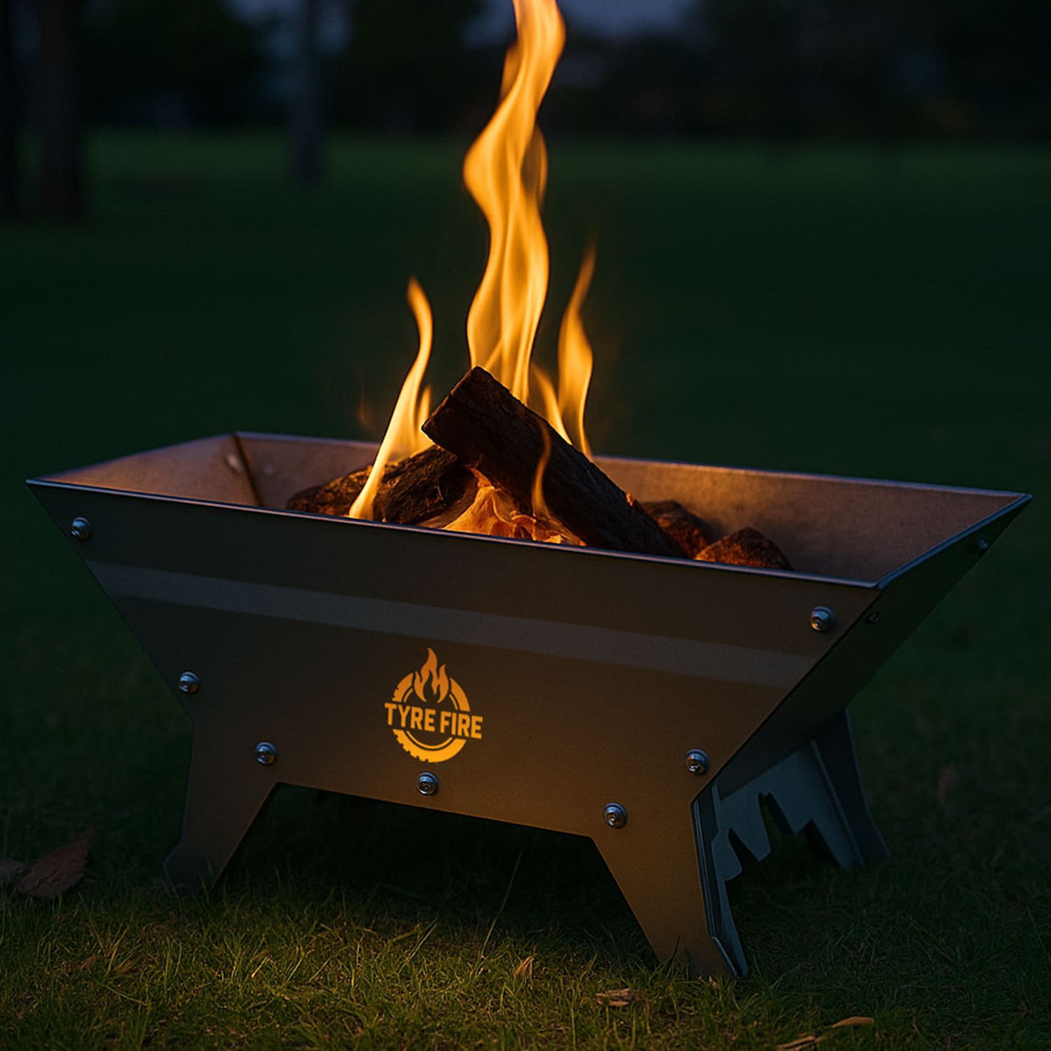 Tyre Fire pit with flames burning inside, featuring the Tyre Fire logo.