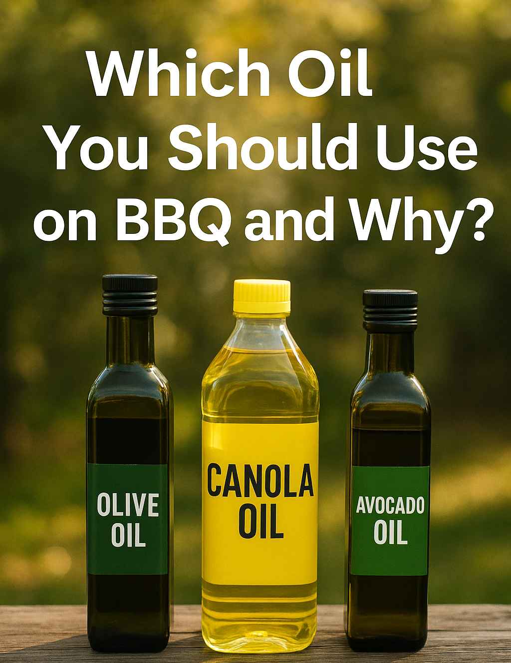 Three bottles of olive, canola, and avocado oil beside a camping BBQ plate and grill with steaks cooking over wood fire, blog title overlay