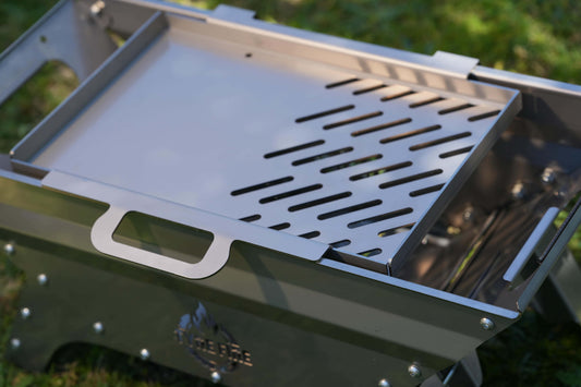 Portable camping grill bbq fire pit with a stainless 2 in 1 Grill and hot plate on top