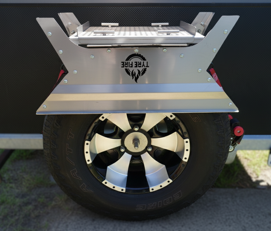 The Original Tyre Fire®: Spare tyre mounted stainless steel fire pit and BBQ grill combo for 4WD touring Australia.