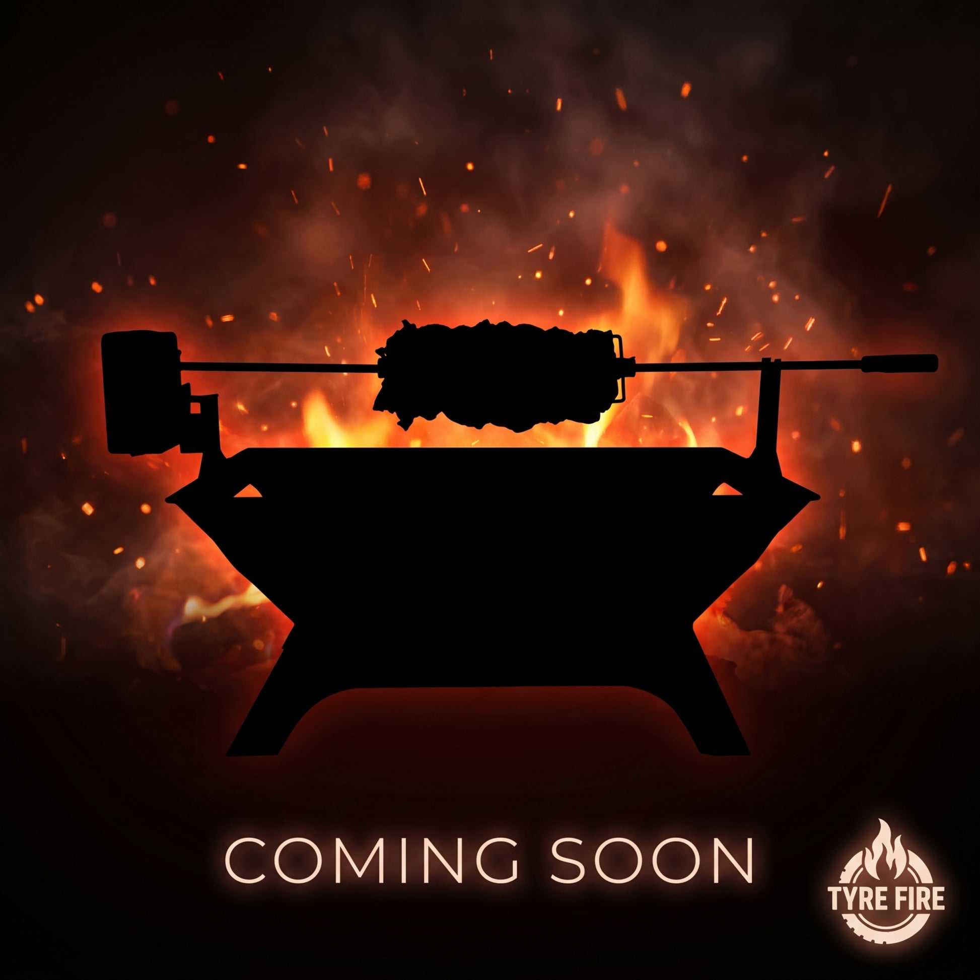 Tyre Fire Rotisserie Mounting Kit coming soon - silhouette of a battery rotisserie spit-roasting over a Tyre Fire portable fire pit