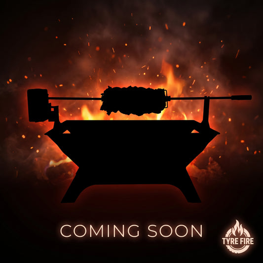 Tyre Fire Rotisserie Mounting Kit coming soon - silhouette of a battery rotisserie spit-roasting over a Tyre Fire portable fire pit